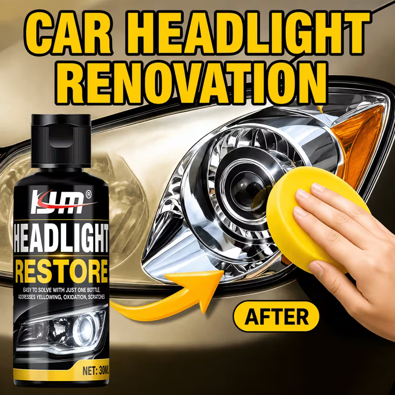 Zyvam car headlight repair agent bottle with applicator for restoring cloudy or foggy vehicle headlights.