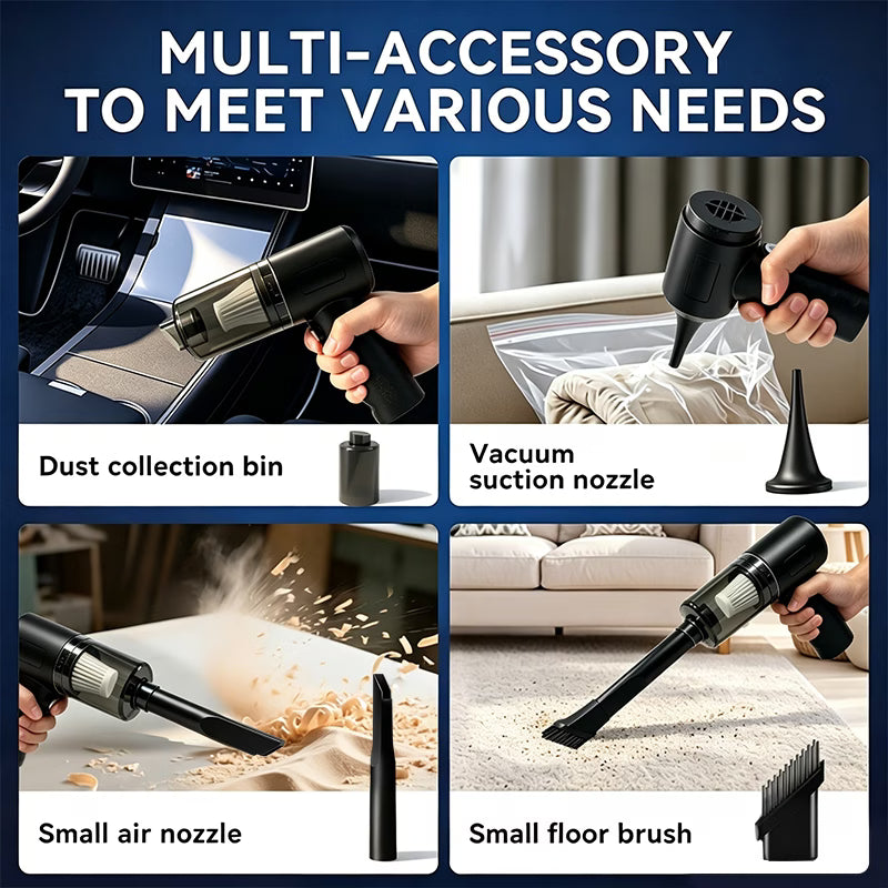 Zyvam portable car vacuum cleaner with compact design, handheld unit, and nozzle for cleaning car interiors.