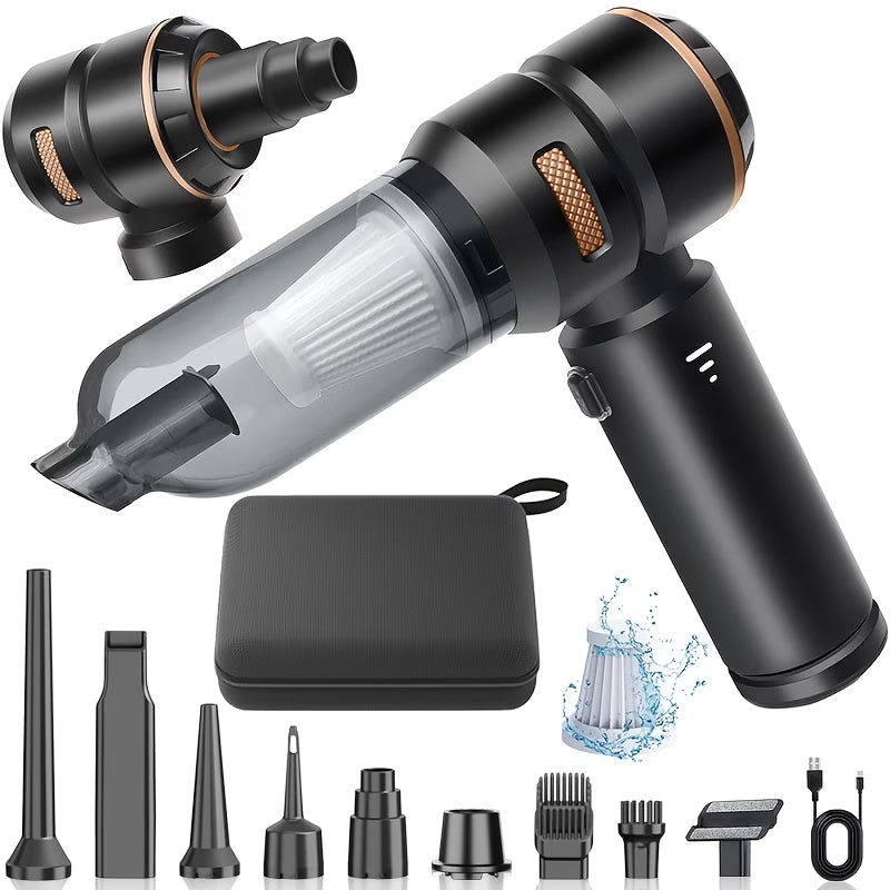 ZYVAM Aerovix Turbo 5000 cordless car vacuum cleaner and air duster with handheld design and multiple attachments.