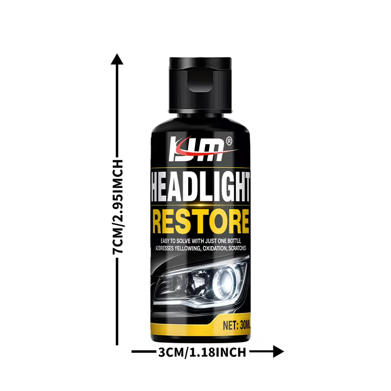 Zyvam car headlight repair agent bottle showing clear liquid inside, used to restore and seal vehicle headlights.