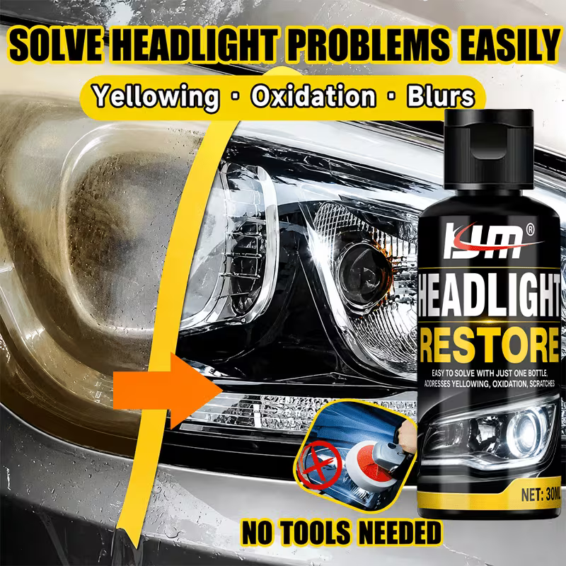 Zyvam car headlight repair agent bottle with applicator for restoring and sealing cloudy or foggy headlights.