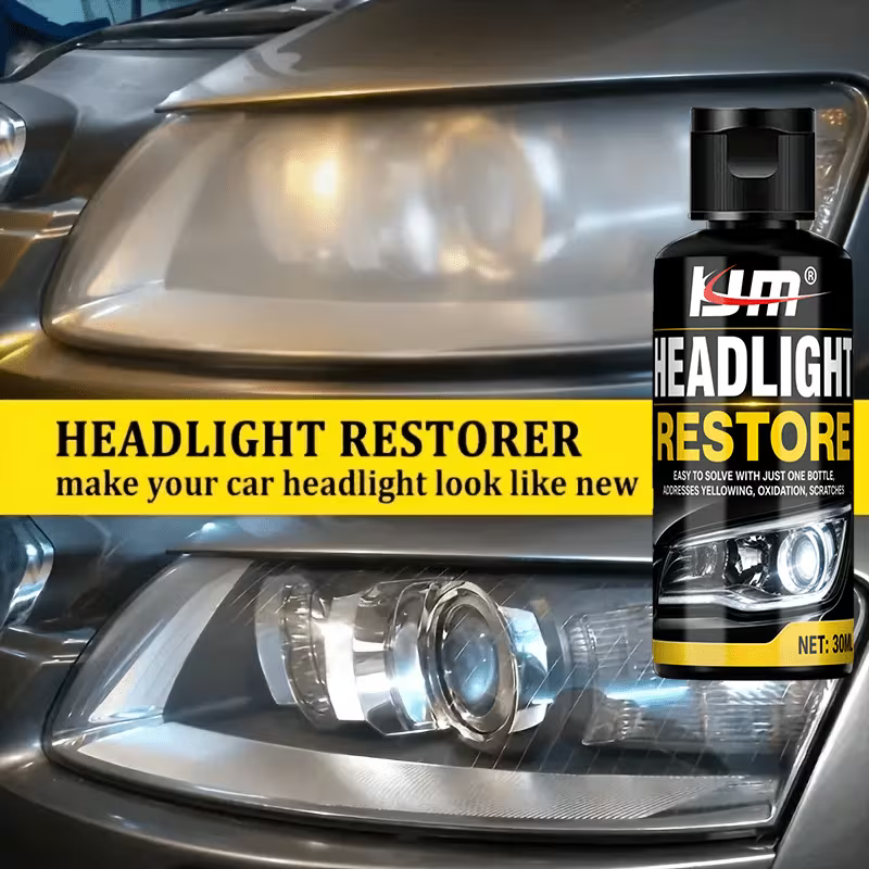 Zyvam Car Headlight Repair Agent bottle showing clear liquid inside, used for restoring foggy or dull headlights.